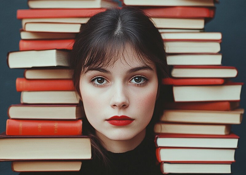 A striking portrait of a young woman framed by red-covered books, illustrating her deep connection to literature and the anticipation of 10 New Books Coming Out This Week.