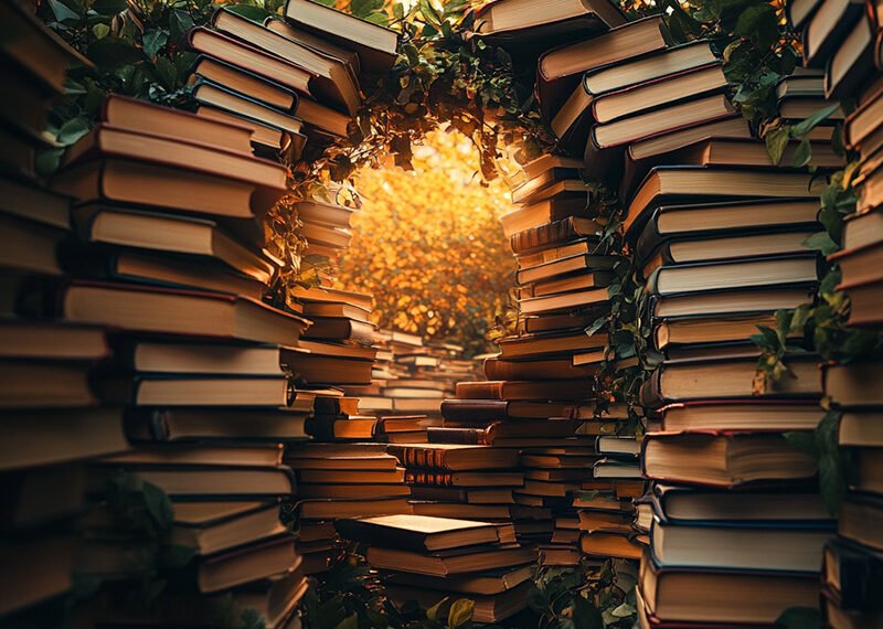 A magical archway formed by stacks of books surrounded by lush greenery and golden sunlight, evoking the charm of Bestselling Books, Oct, 2024.