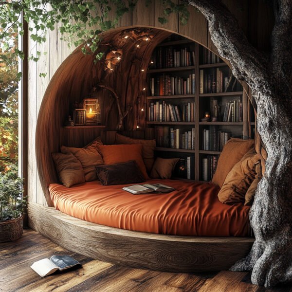 A unique, circular reading space nestled against a tree, featuring plush cushions and a bookshelf, inviting readers to explore "Books to Bring Comfort."