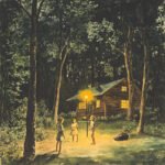 Three children stand in the illuminated clearing near a rustic cabin in the woods, evoking a sense of wonder reminiscent of "The God of the Woods."