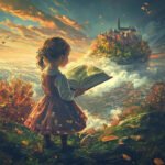 A young girl in a floral dress gazes at an open book, with a fantastical castle floating above the clouds, embodying the magic of "The Top Children's Books Released in 2024."