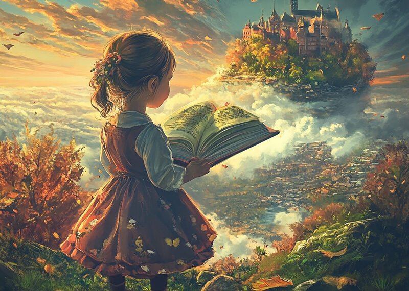 A young girl in a floral dress gazes at an open book, with a fantastical castle floating above the clouds, embodying the magic of "The Top Children's Books Released in 2024."