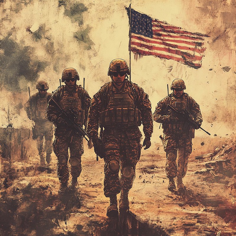 Four soldiers in tactical gear march forward amidst a smoky battlefield, with a prominent American flag waving behind them, representing the theme of "The War on Warriors."