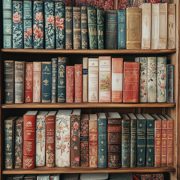 A beautifully arranged shelf displays a collection of vintage books with intricate floral designs and rich colors, showcasing a variety of aesthetic book covers.